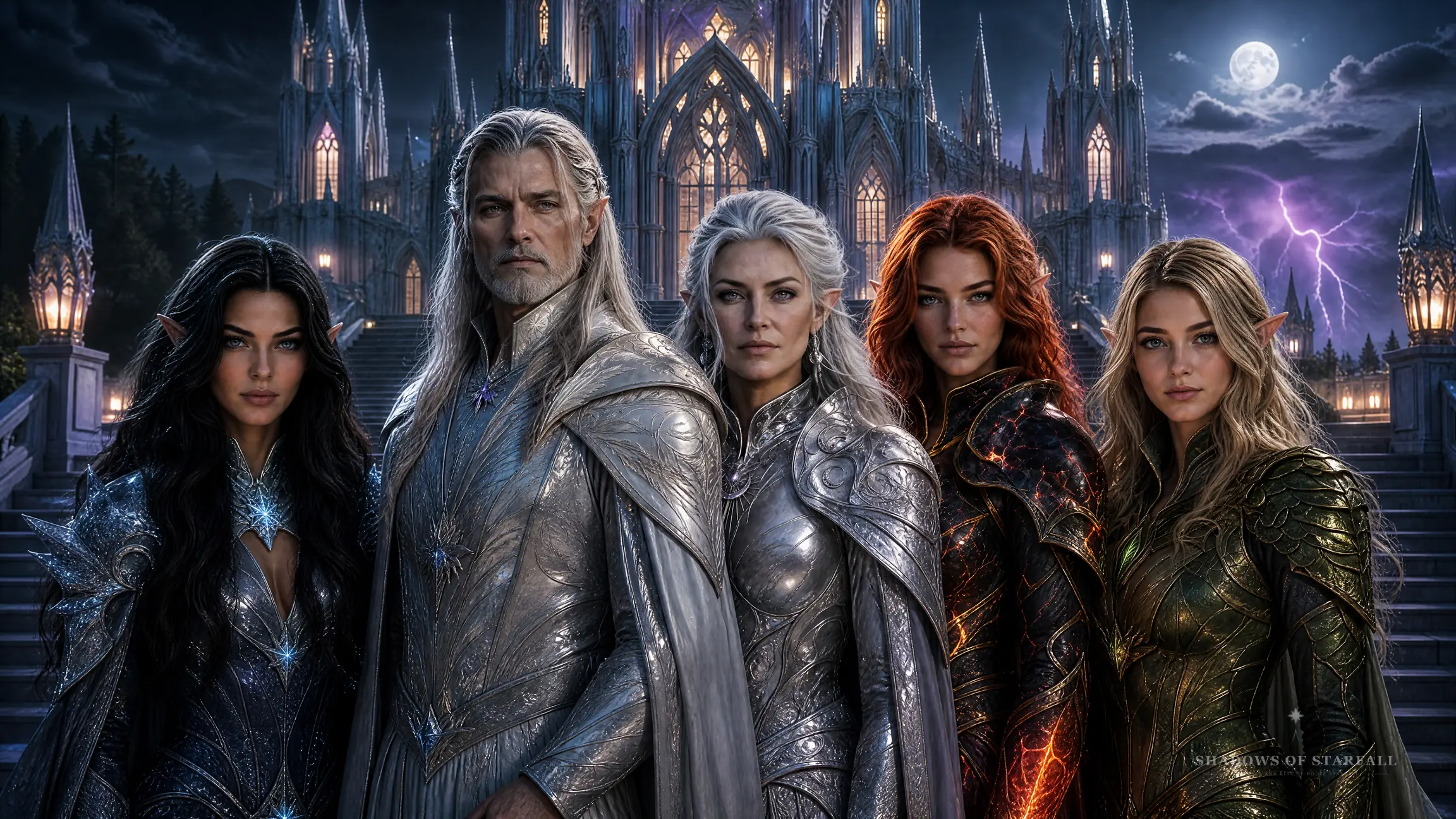 The Starfall family in the moonlight before the castle