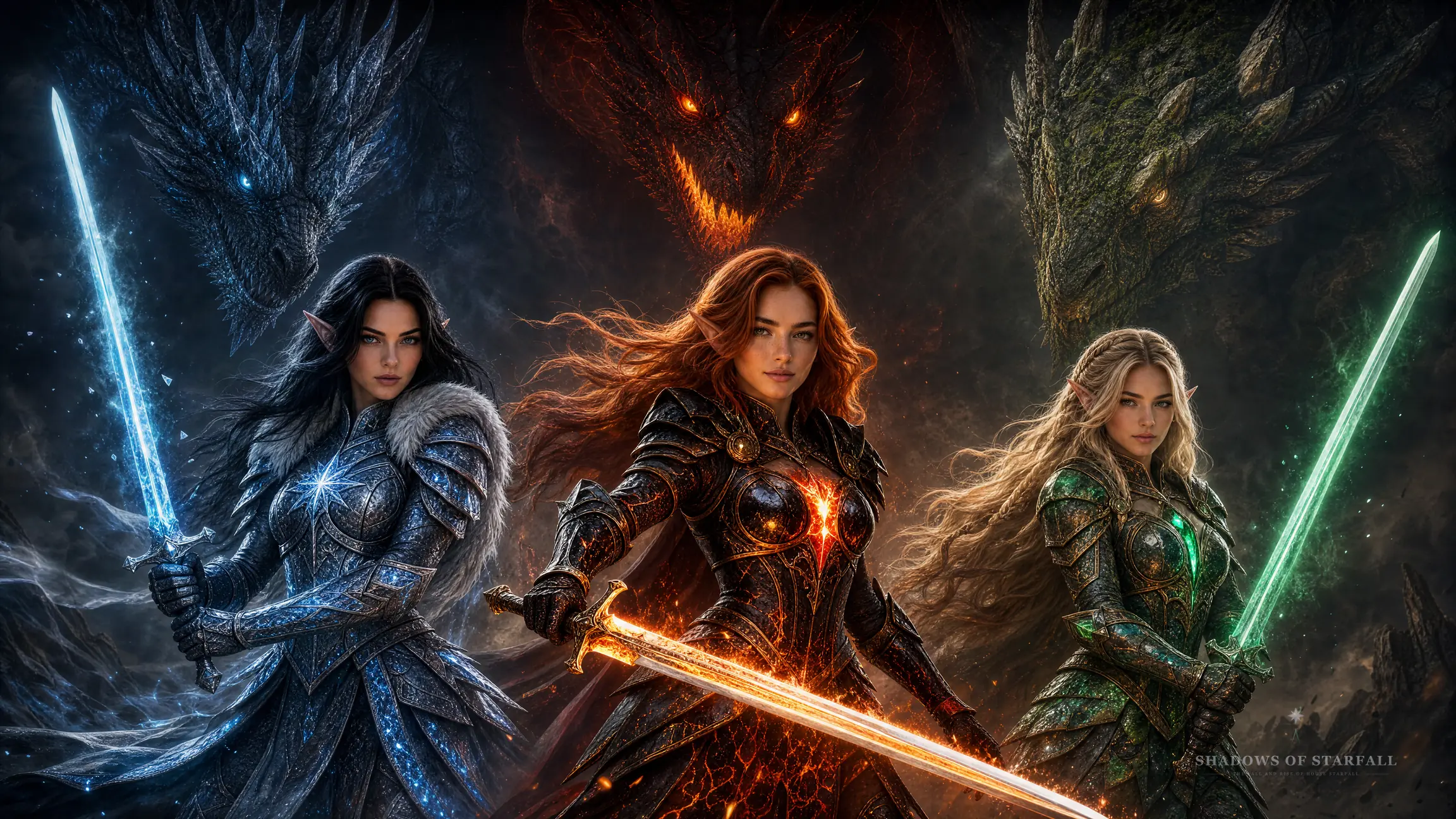 The three Starfall sisters in battle armor, three dragons behind them