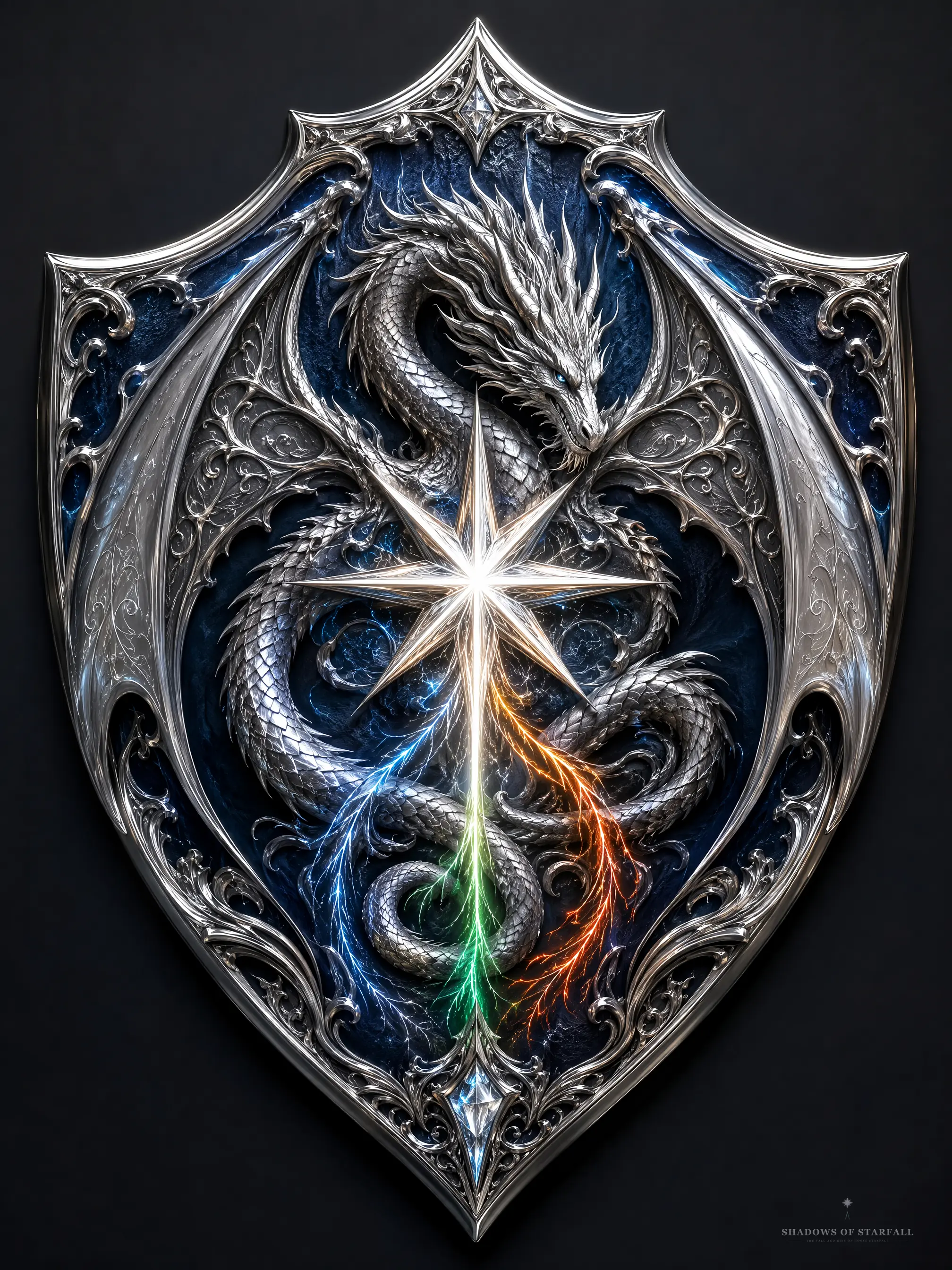 Crest of House Starfall: a silver dragon around a falling star with three element streams